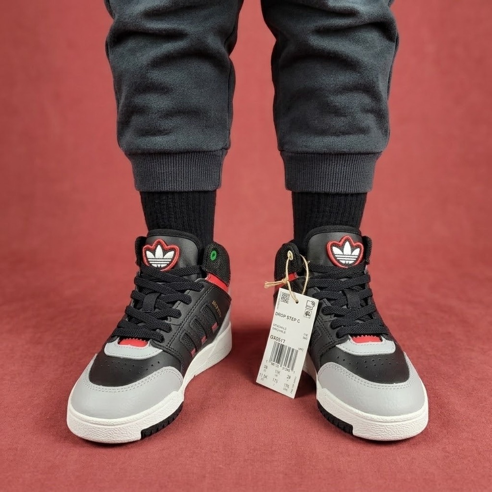 adidas Drop Step C Mid Top Sneakers Kids 11.5K Black Red Grey Leather NWT